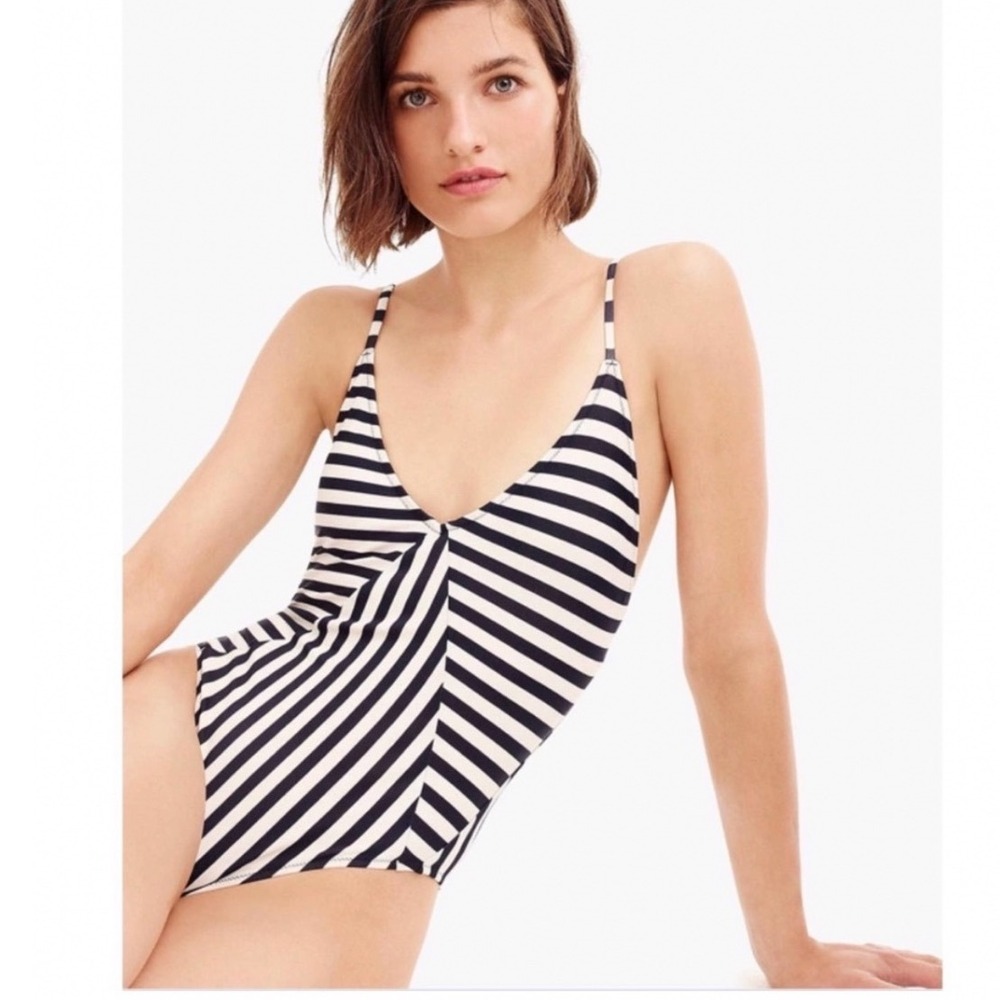 J. Crew Mixed Stripe Paneled One-Piece Swimsuit Navy White J5037  Size 8 NWT‎